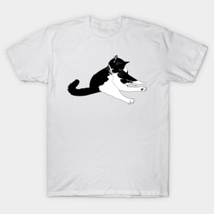 Cat self clean. Cute Tuxedo Cat on White copyright TeAnne T-Shirt